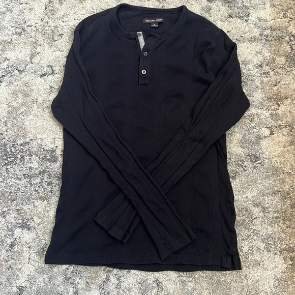 Michael Kors men’s black henley button shirt. Ribbed cotton & stretch. Slim fit - Picture 2 of 4